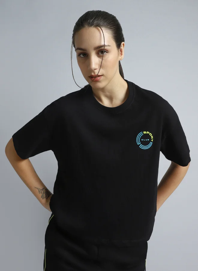 Cult Women Black Sports Club Relaxed Fit T-Shirt